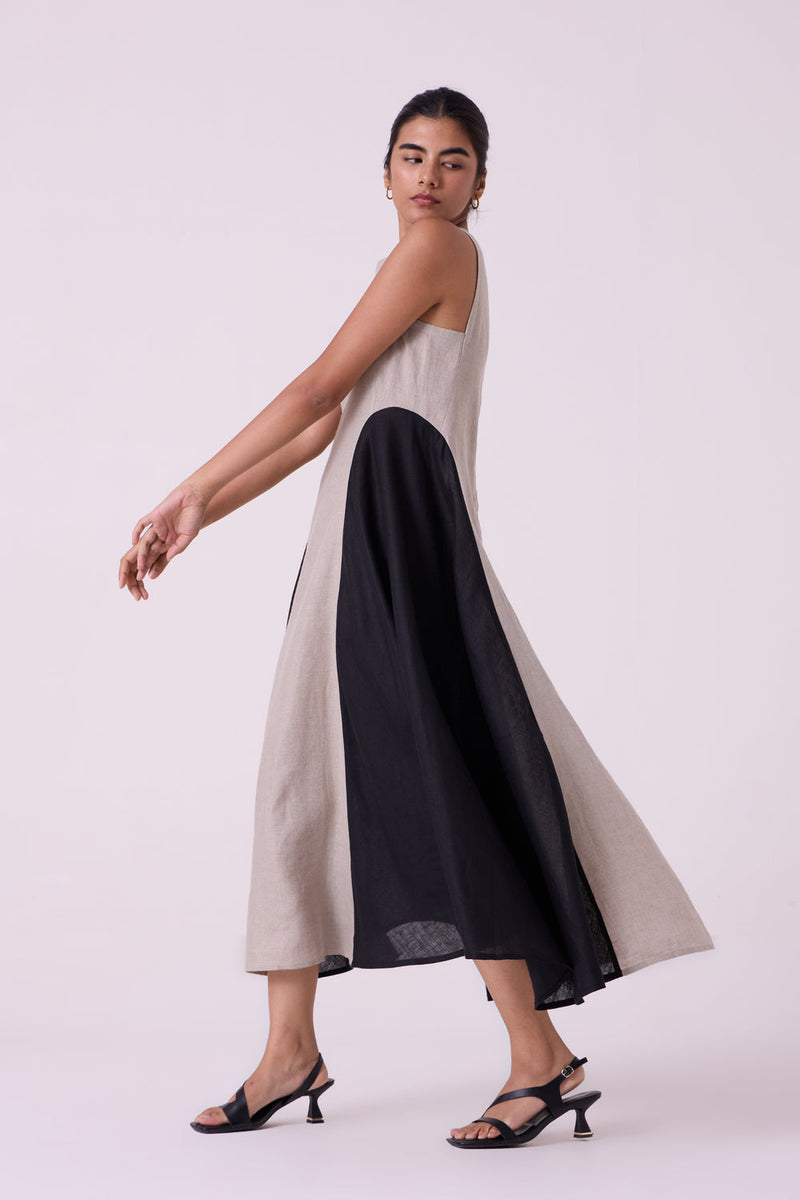 Weasley Beige Linen Panelled Midi Dress linen dress by The Summer House in beige for women in Singapore