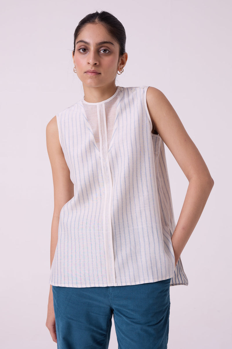 Sora Striped Handwoven Top handwoven chanderi & handwoven cotton top/shirt by The Summer House in off white for women in Singapore
