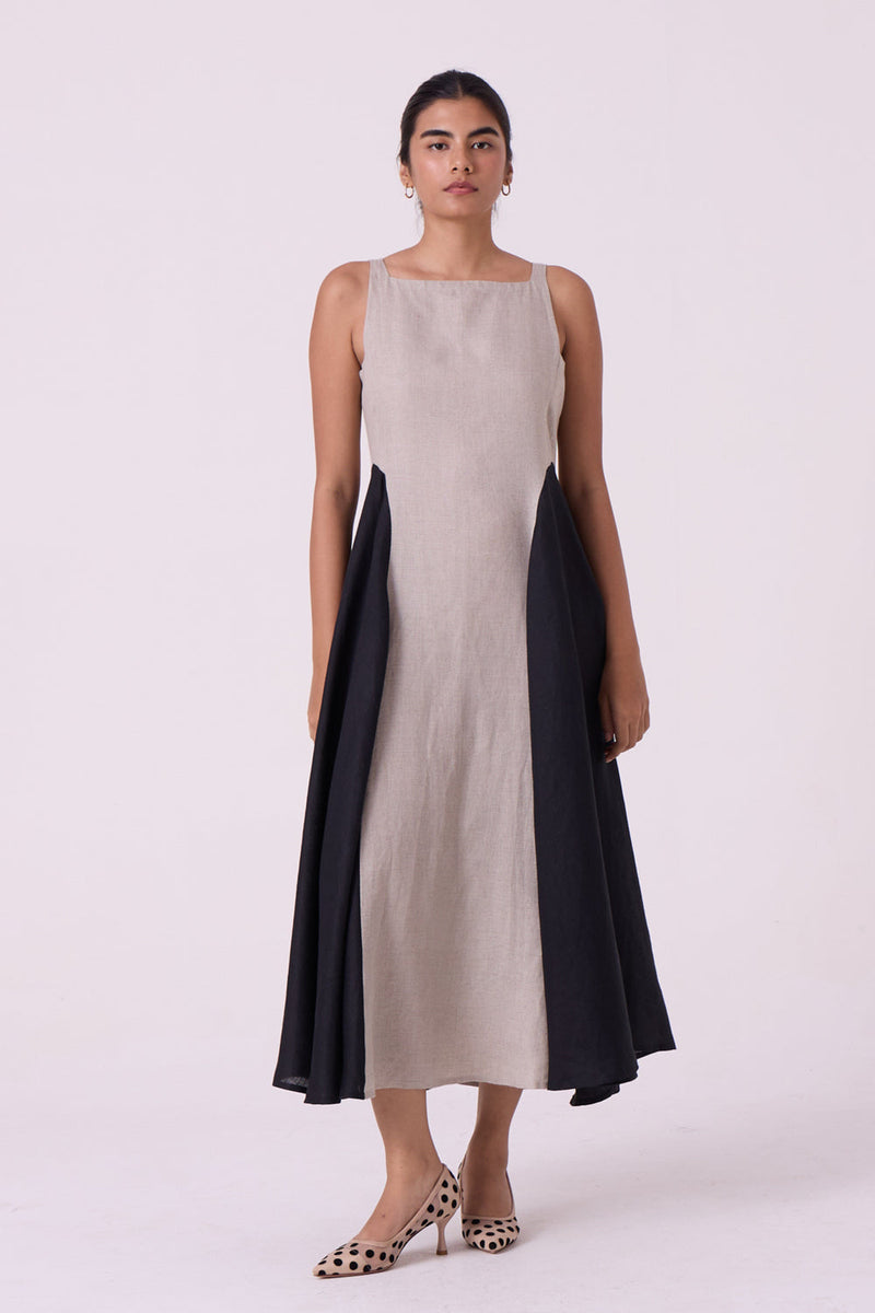 Weasley Beige Linen Panelled Midi Dress linen dress by The Summer House in beige for women in Singapore
