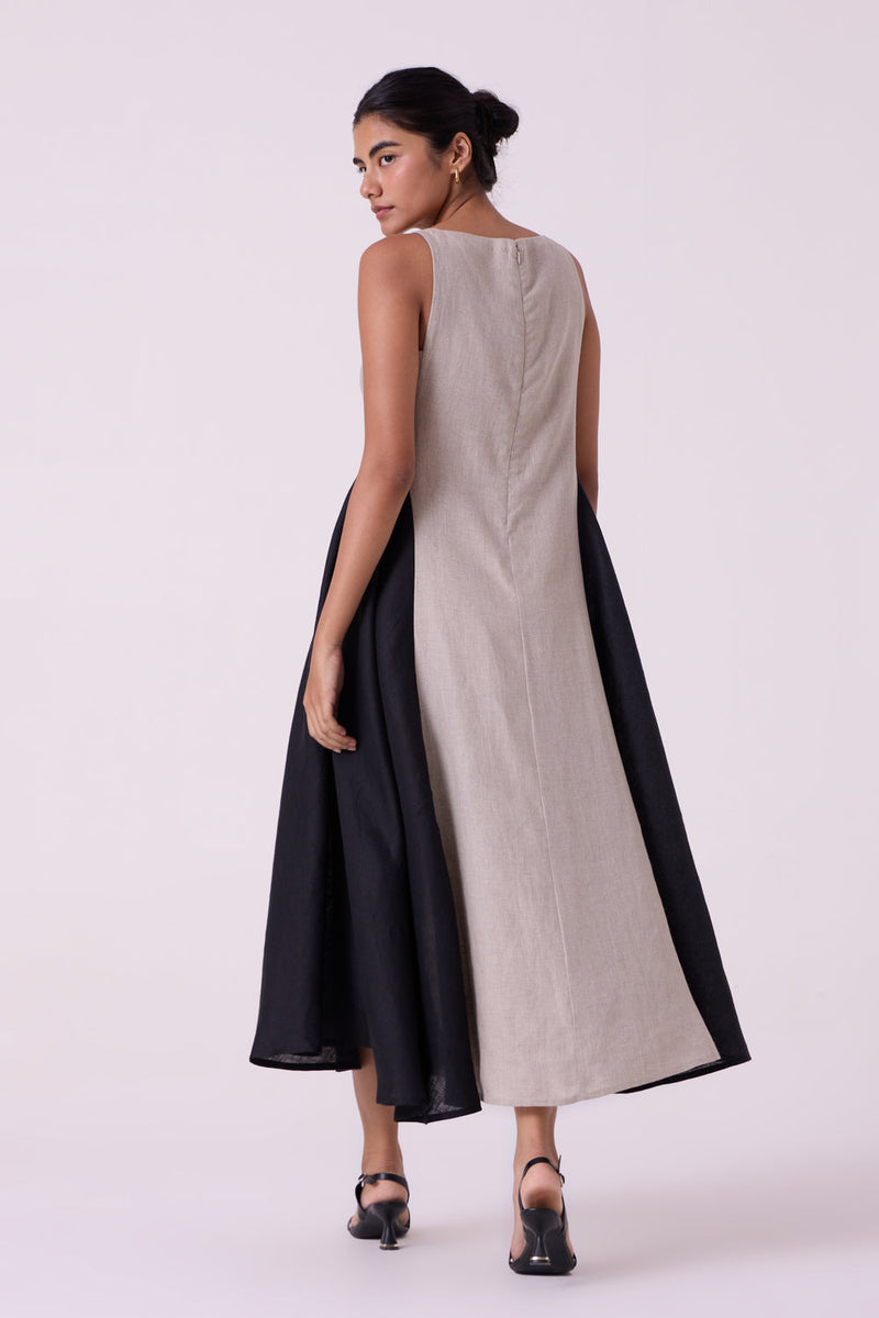 Weasley Beige Linen Panelled Midi Dress linen dress by The Summer House in beige for women in Singapore
