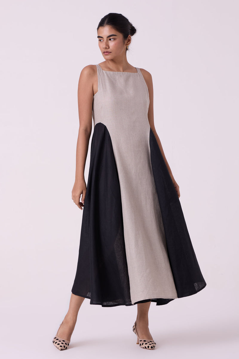 Weasley Beige Linen Panelled Midi Dress linen dress by The Summer House in beige for women in Singapore