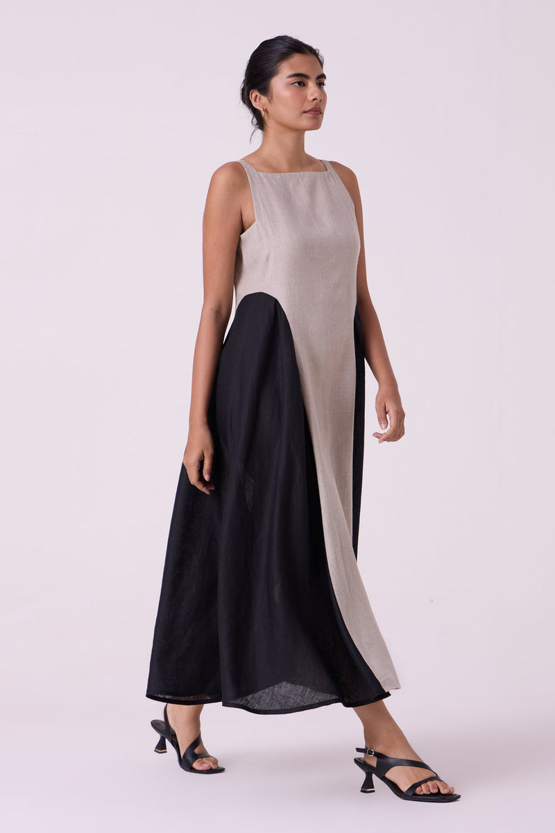 Weasley Beige Linen Panelled Midi Dress linen dress by The Summer House in beige for women in Singapore
