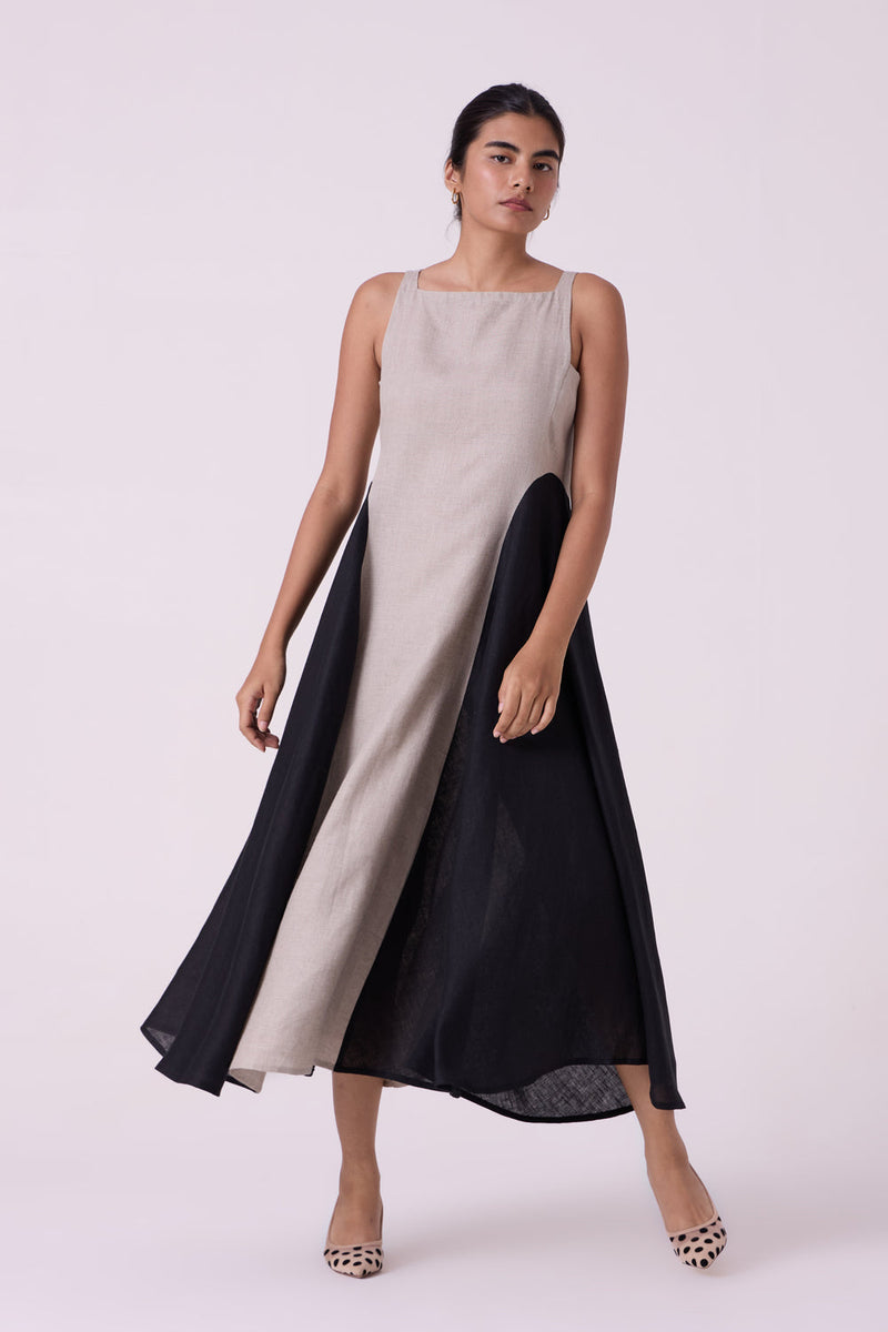 Weasley Beige Linen Panelled Midi Dress linen dress by The Summer House in beige for women in Singapore