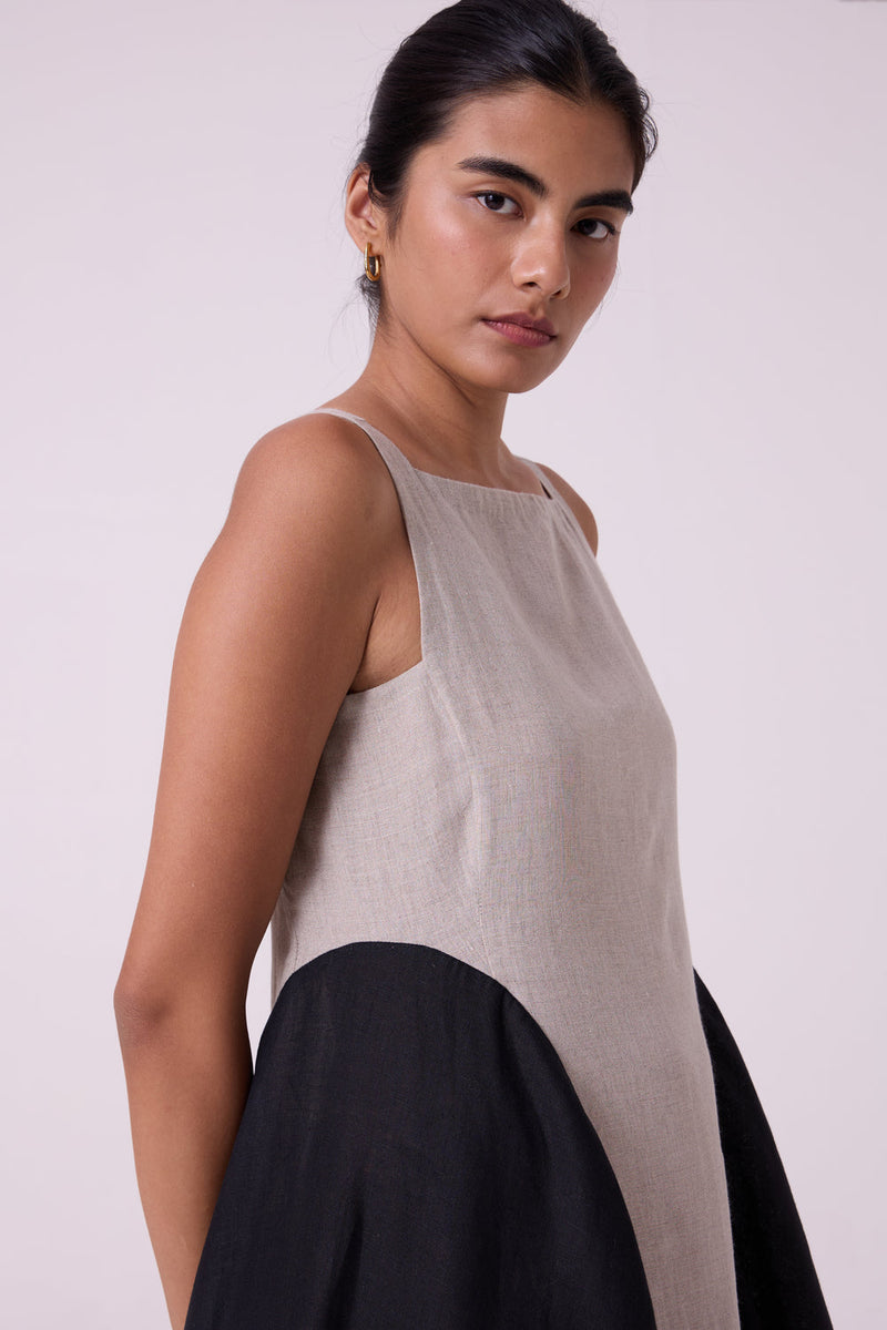 Weasley Beige Linen Panelled Midi Dress linen dress by The Summer House in beige for women in Singapore