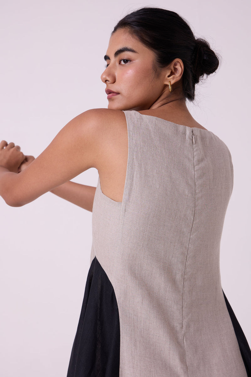 Weasley Beige Linen Panelled Midi Dress linen dress by The Summer House in beige for women in Singapore