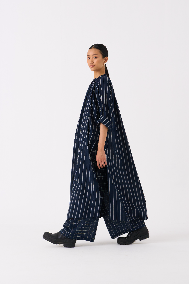 GATHER NECK SHIRT-BLACK STRIPE mul by THREE in black color for women in Singapore