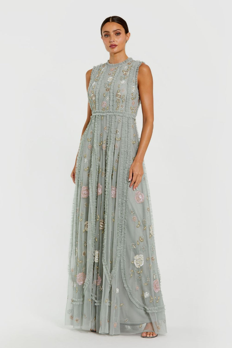 9360-Floral Mesh Sleeveless A Line Micro Ruffle Gown by Mac Duggal in green color for women in Singapore