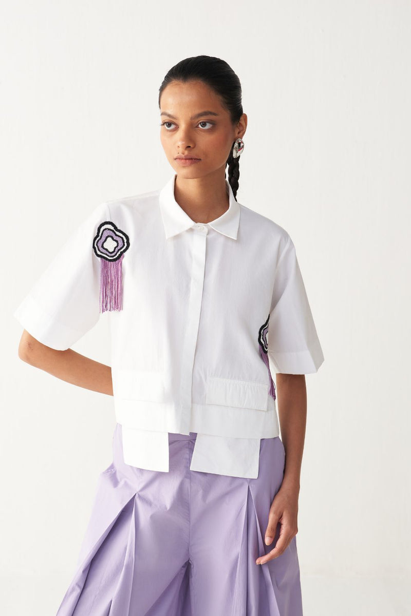 BEADED CROP FRINGE TOP-WHITE poplin by THREE in white color for women in Singapore