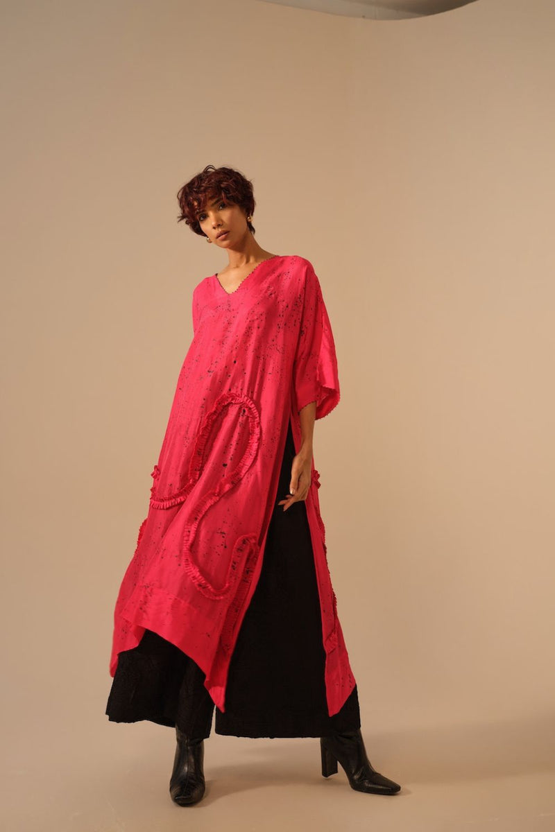 Flamingo SP Tunic-Pink + Black upada silk kaftans and tunics by Stoique in pink, black for women in Singapore