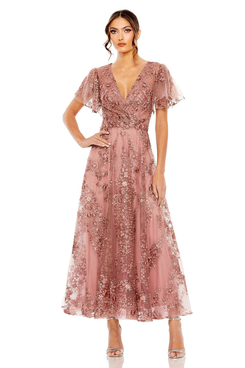 20486-Pink Embroidered Flutter Sleeve A-Line Dress by Mac Duggal in mauve color for women in Singapore