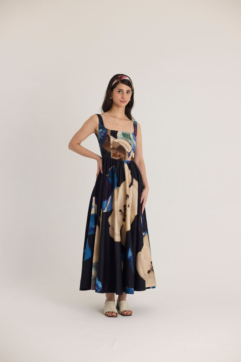 ROCCO EMBROIDERED DRESS satin by Yam in black color for women in Singapore