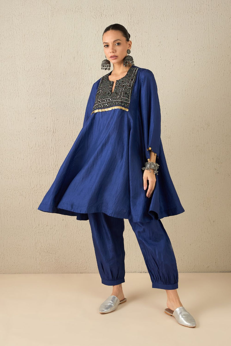 AFGHANI SILK SET - Navy Blue silk by Aavidi in yellow color for women in Singapore