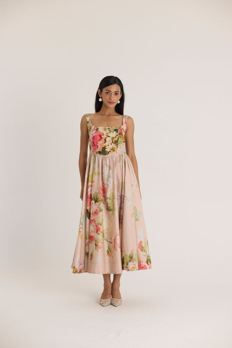 HAZEL EMBROIDERED DRESS satin by Yam in pink color for women in Singapore