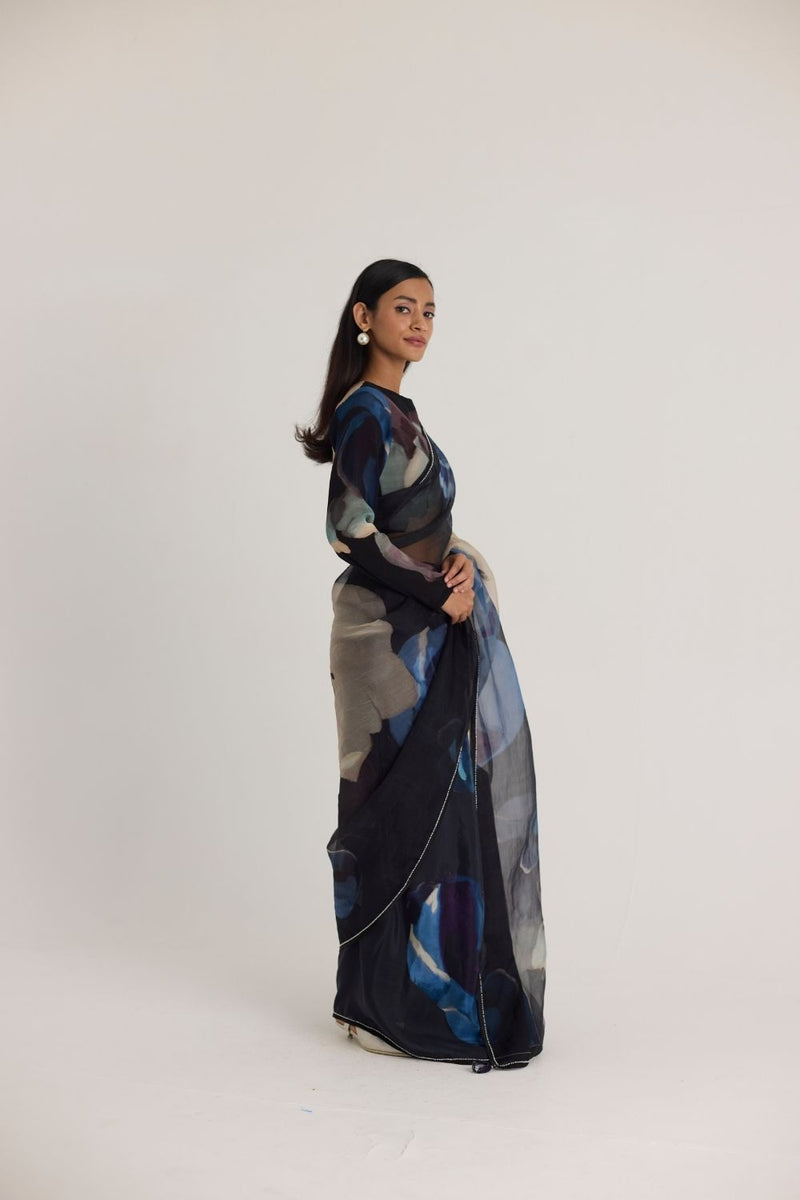 ROCCO HALF SILK & HALF ORGANZA SAREE organza by Yam in black color for women in Singapore