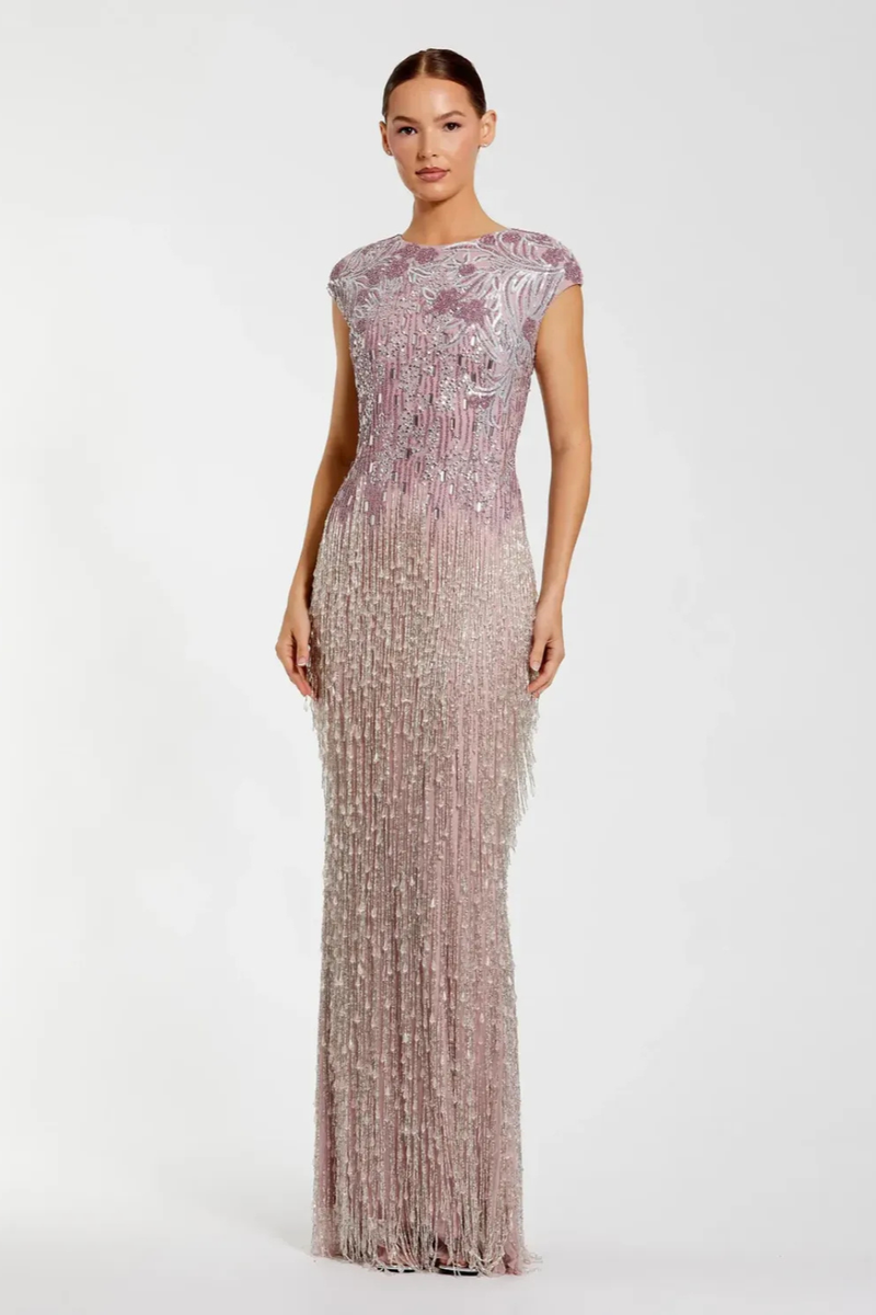 Purple Embellished Cap Sleeve Gown With Fringe Beading by Mac Duggal for women in Singapore