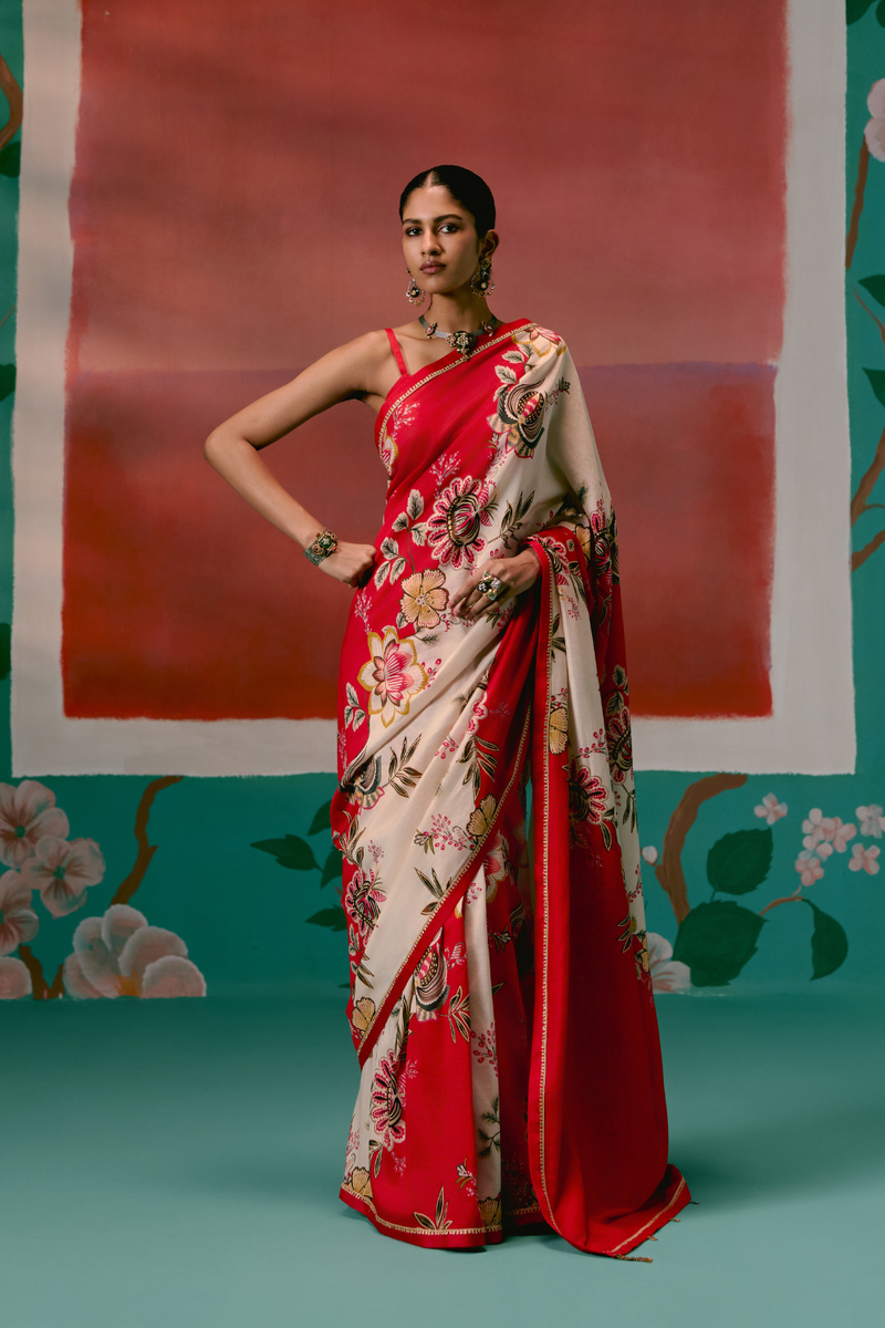 Ecru & Red Floral Saree chanderi Buy Ecru & Red Floral Saree from C&W | Saree for Women by Label Mogra in red color for women in Singapore