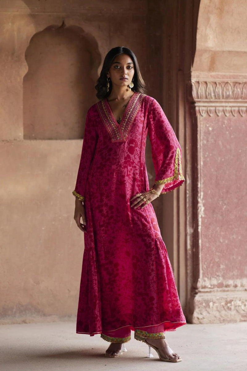 Nadira Hot Pink -Red Shadow Print Kurta Set by Rajiramniq in pink color for women in Singapore