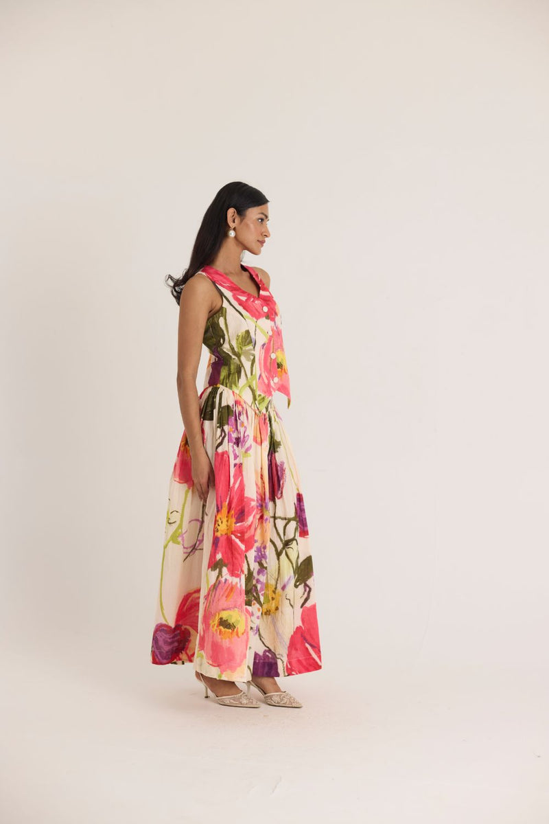 DOLLY WHITE WAISTCOAT & SKIRT SET cotton by Yam in multi color for women in Singapore