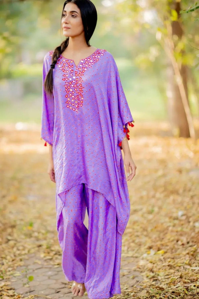 MIRROR KAFTAN SET-LAVENDER silk by Dyelogue for women in Singapore