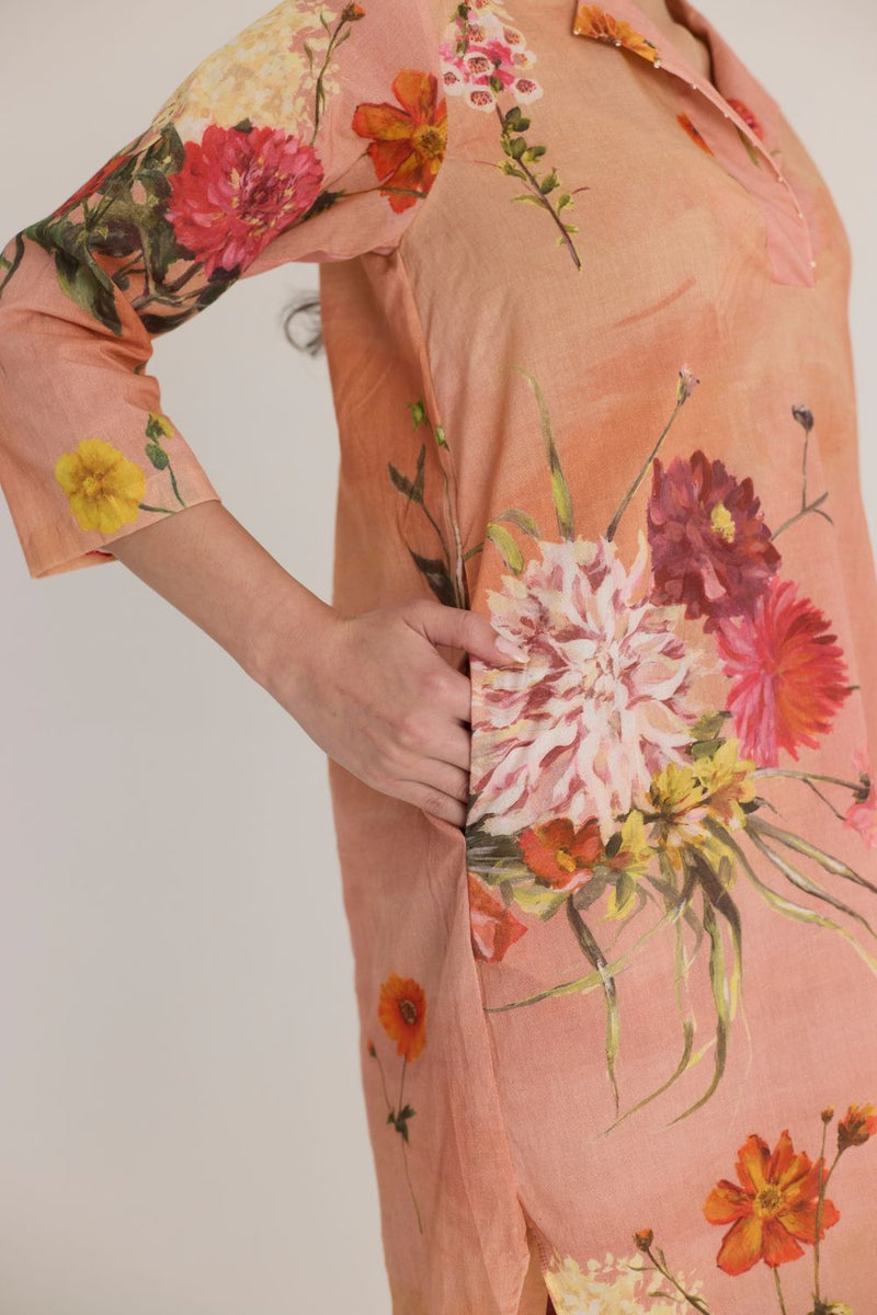 BUTTERCUP SHORT KURTA SET cotton by Yam in peach color for women in Singapore