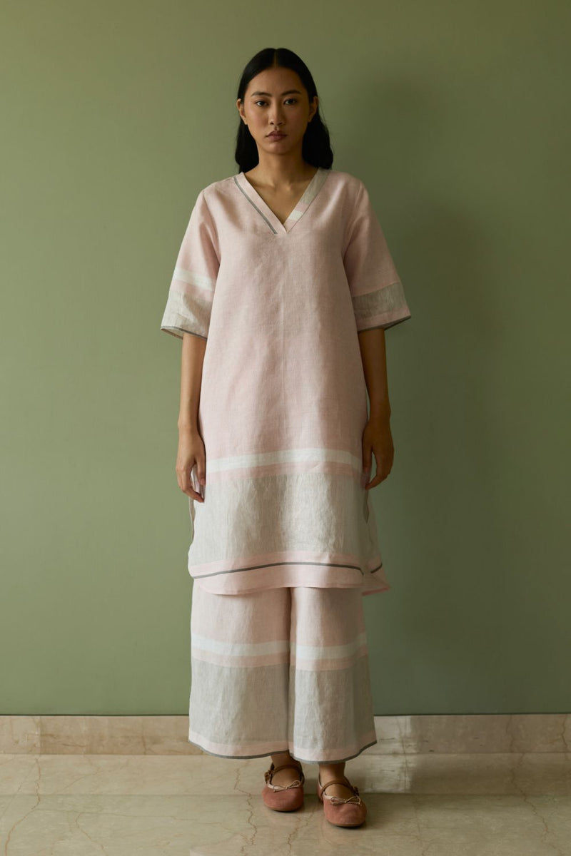 Iva Pleated Border Linen Kurta Set-Blush linen by Manan in blush color for women in Singapore