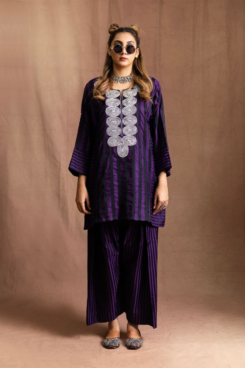 Silk Striped Farshi-Auberine & Black Stripes Pure Silk Kurta Set Sabo by Sabina — Canvas & Weaves Singapore