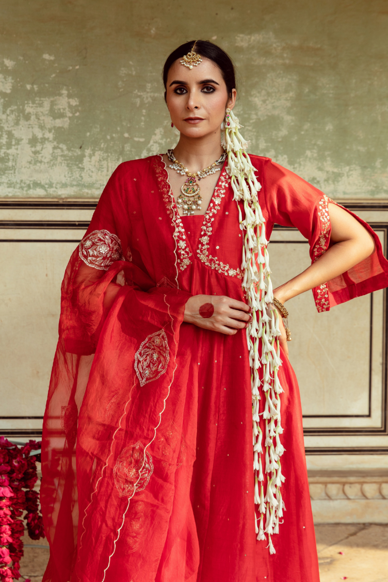 Deep Red Zari Embroidered Kalidar Set silk Buy Deep Red Zari Embroidered Kalidar Set from C&W | Kurta/Kurta Sets for Women by Maison Shefali in red color for women in Singapore