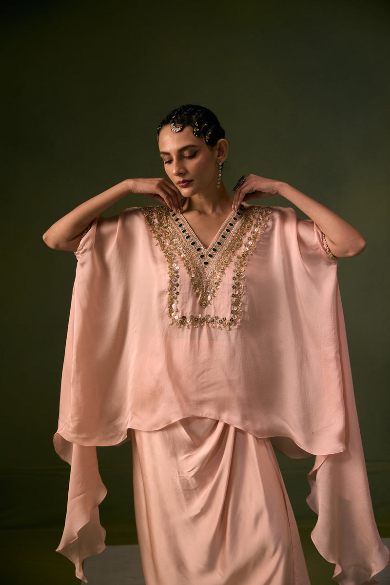 Tea Rose Antifit Asymmetric Top with Wrap Skirt vegan satin, organza satin indo-western by PRAHNAAYA in pink for women in Singapore