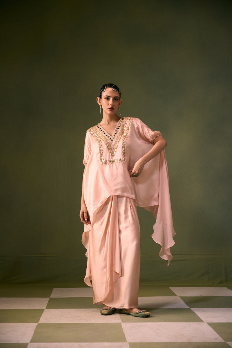 Tea Rose Antifit Asymmetric Top with Wrap Skirt vegan satin, organza satin indo-western by PRAHNAAYA in pink for women in Singapore