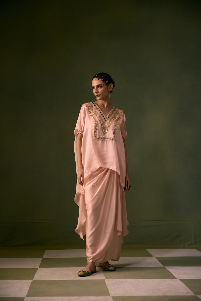 Tea Rose Antifit Asymmetric Top with Wrap Skirt vegan satin, organza satin indo-western by PRAHNAAYA in pink for women in Singapore