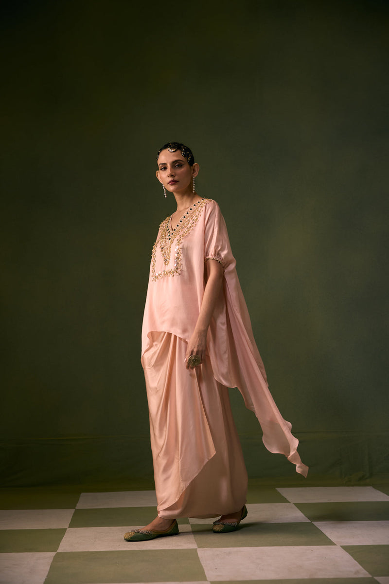 Tea Rose Antifit Asymmetric Top with Wrap Skirt vegan satin, organza satin indo-western by PRAHNAAYA in pink for women in Singapore