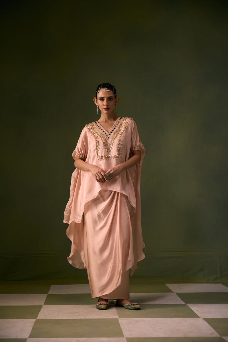 Tea Rose Antifit Asymmetric Top with Wrap Skirt vegan satin, organza satin indo-western by PRAHNAAYA in pink for women in Singapore
