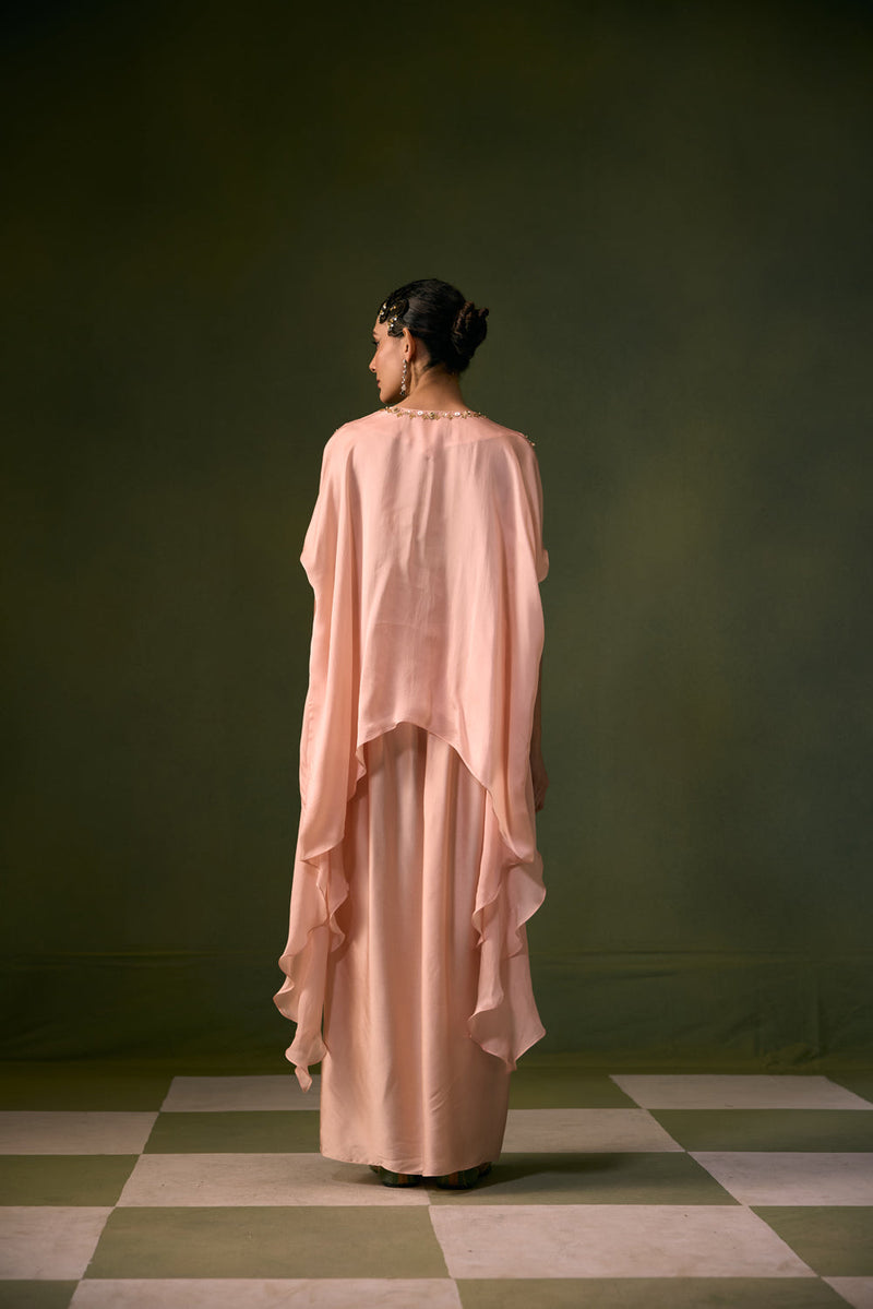 Tea Rose Antifit Asymmetric Top with Wrap Skirt vegan satin, organza satin indo-western by PRAHNAAYA in pink for women in Singapore