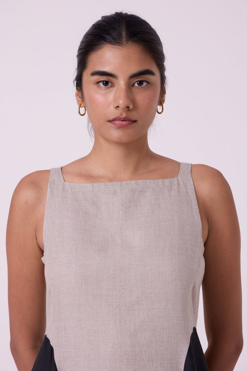 Weasley Beige Linen Panelled Midi Dress linen dress by The Summer House in beige for women in Singapore