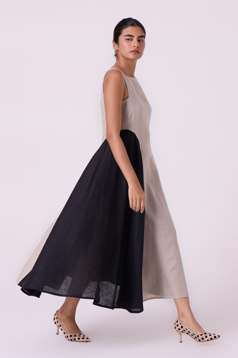 Weasley Beige Linen Panelled Midi Dress linen dress by The Summer House in beige for women in Singapore