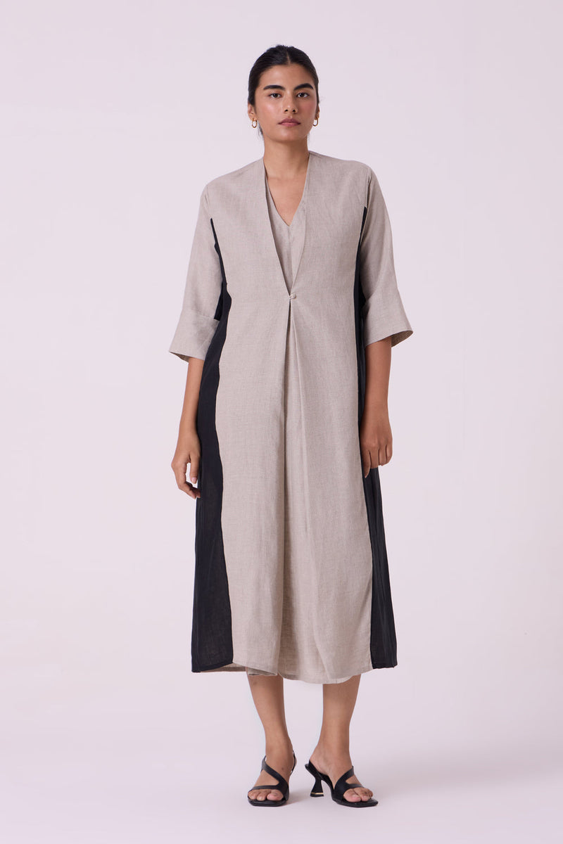 Kaku Beige Linen Panelled Midi Dress linen dress by The Summer House in beige for women in Singapore