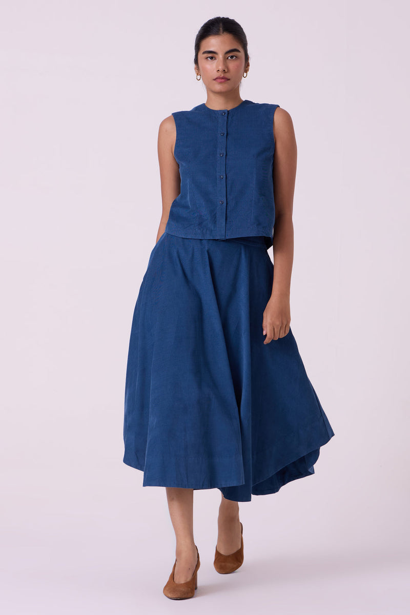 Boga Blue Needlecord Skirt cotton corduroy skirt by The Summer House in blue for women in Singapore