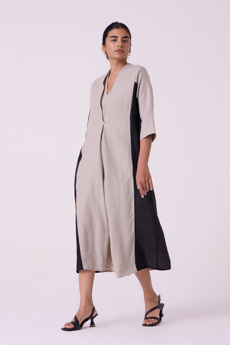 Kaku Beige Linen Panelled Midi Dress linen dress by The Summer House in beige for women in Singapore