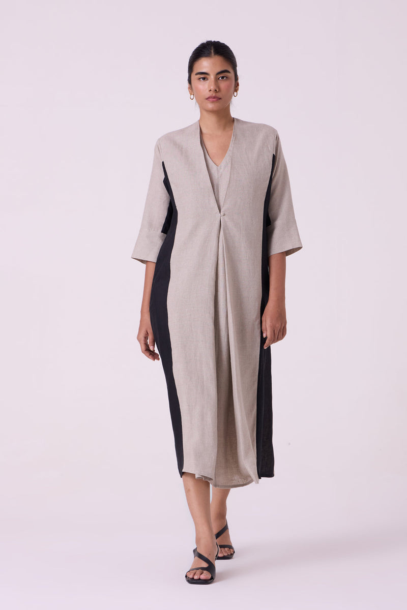 Kaku Beige Linen Panelled Midi Dress linen dress by The Summer House in beige for women in Singapore