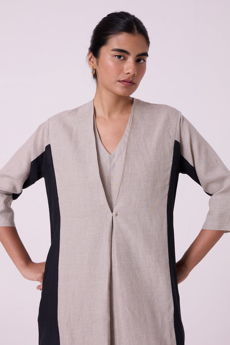 Kaku Beige Linen Panelled Midi Dress linen dress by The Summer House in beige for women in Singapore