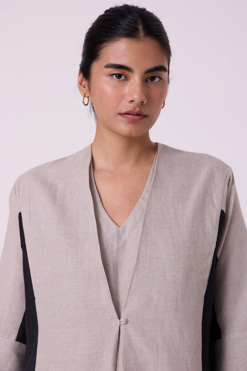 Kaku Beige Linen Panelled Midi Dress linen dress by The Summer House in beige for women in Singapore
