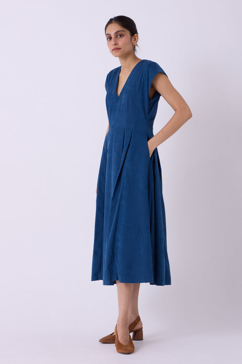 Lada Blue Needlecord Dress cotton corduroy dress by The Summer House in blue for women in Singapore