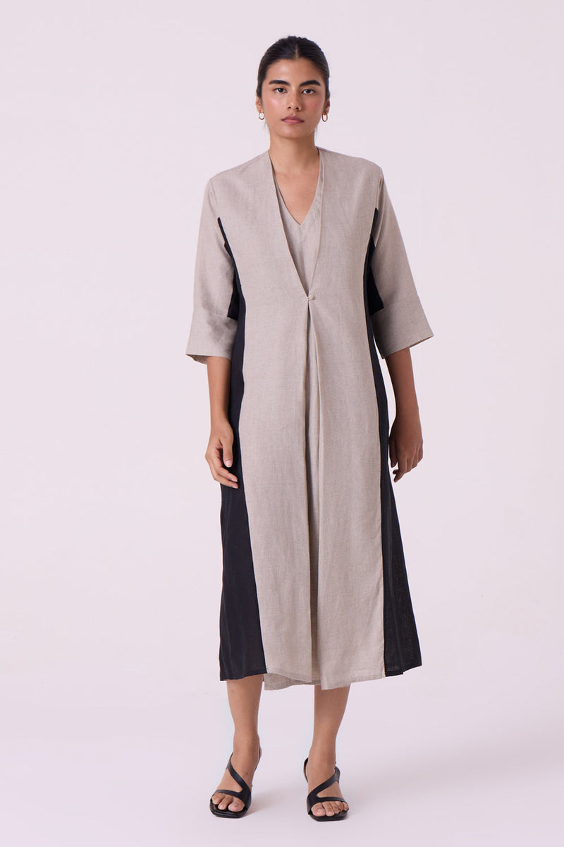 Kaku Beige Linen Panelled Midi Dress linen dress by The Summer House in beige for women in Singapore