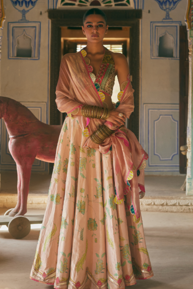 Khel Nude Pink Printed Lehenga silk by Rajiramniq in pink color for women in Singapore