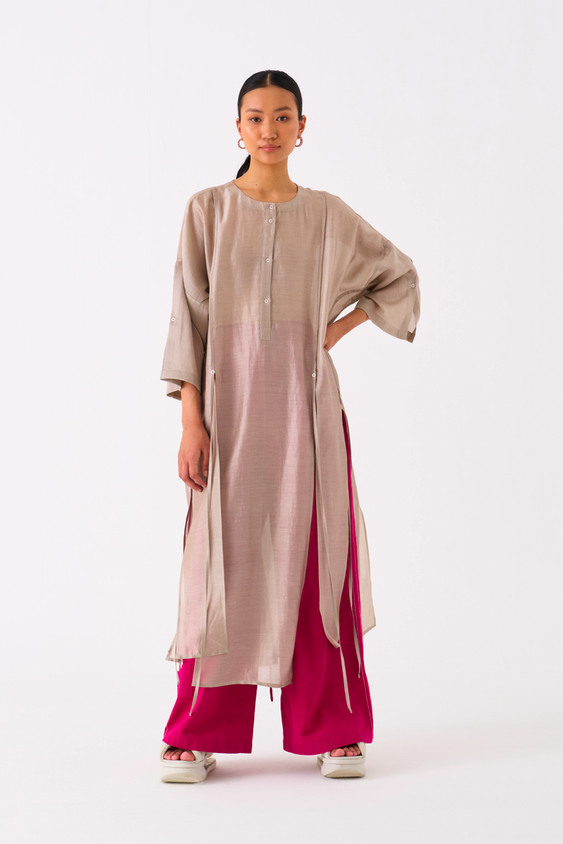PANELLED TUNIC-ASH GREY chanderi by THREE in grey color for women in Singapore