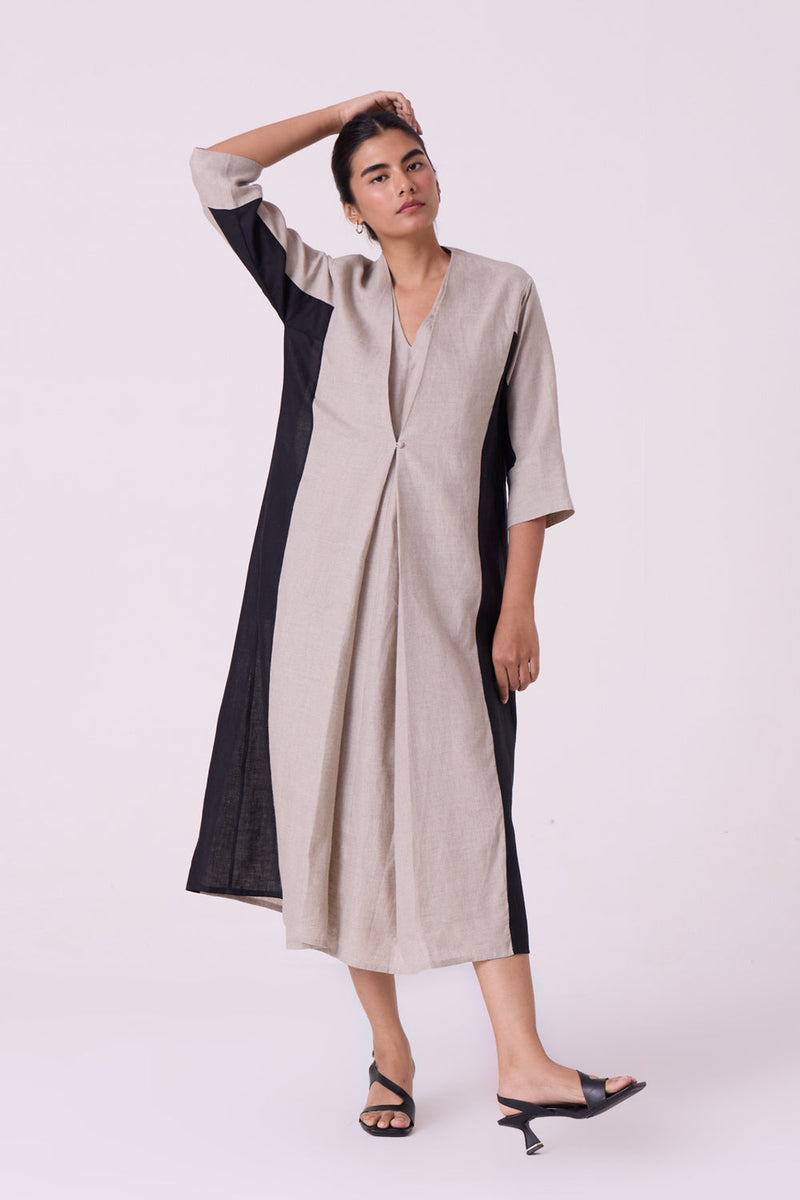 Kaku Beige Linen Panelled Midi Dress linen dress by The Summer House in beige for women in Singapore