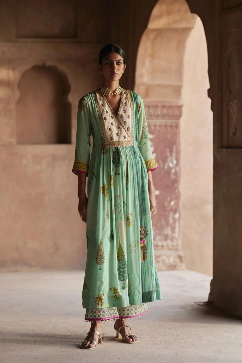 Nadira Powder Blue Pintuck Angrakha Kurta Set by Rajiramniq for women in Singapore