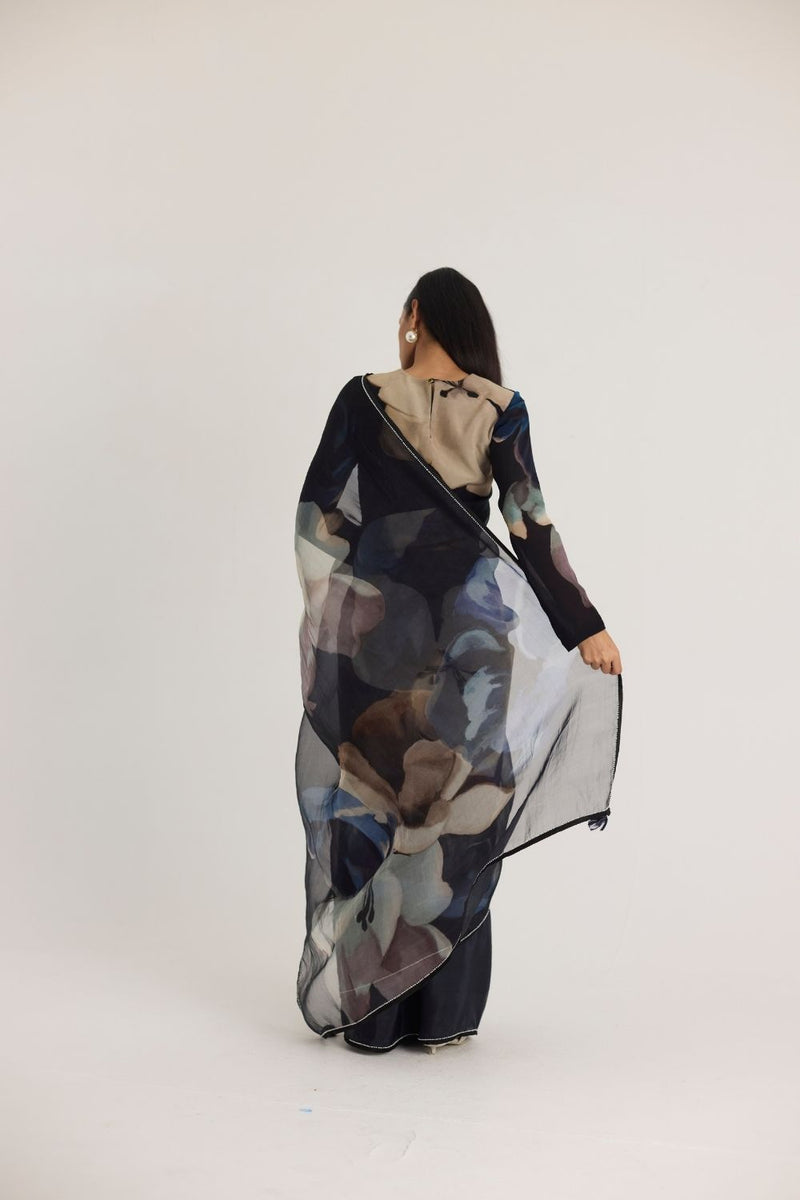 ROCCO HALF SILK & HALF ORGANZA SAREE organza by Yam in black color for women in Singapore