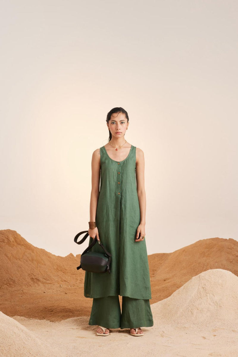Front Slit Co ord Set-Green linen Co-ord Sets by CORD for women in Singapore