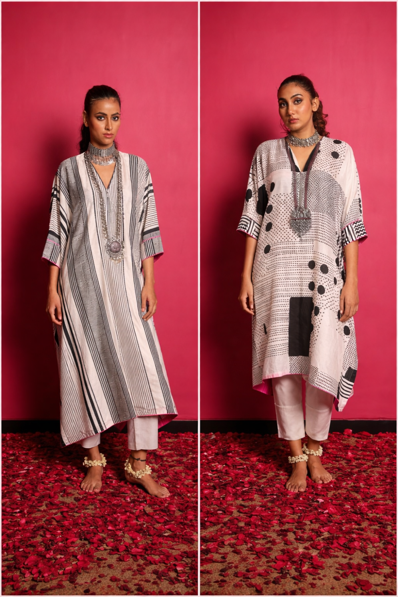 Black/White Silk Zipper Kurta & Pant Set-Geometric Print
